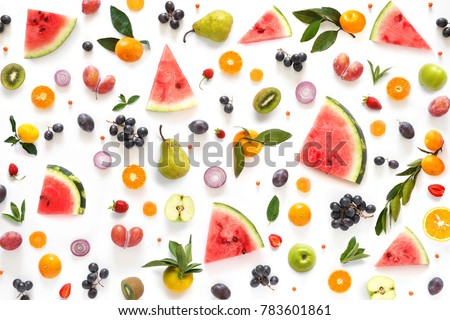 Various vegetables and fruits isolated on white background, top view, flat layout. Concept of healthy eating, food background. 