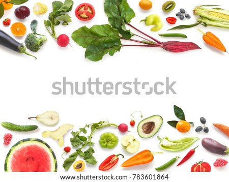 Various vegetables and fruits isolated on white background, top view, flat layout. Concept of healthy eating, food background. Frame of vegetables with space for text. Royalty-Free Stock Photo #783601864