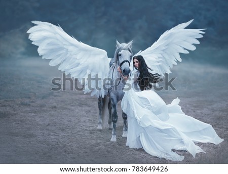Beautiful, young elf, walking with a unicorn. An unbelievable white dress with long sleeves and a train waving in the wind. Artistic Photography Artistic Photography Royalty-Free Stock Photo #783649426