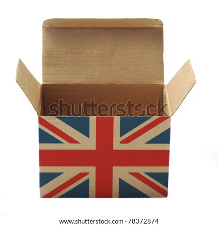 paper box with UK flag isolated on white background
