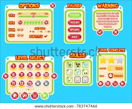 Colorful bubble themed buttons, icons, windows, and user interface elements for creating casual and puzzle video games