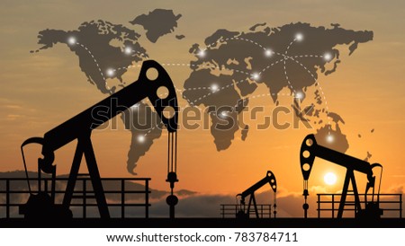Business Collaboration Concept, World data link connection with oil pump oil rig energy industrial machine for petroleum in the sunset background for design