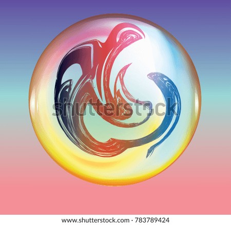 Abstract bubble with suminagashi inside on blue and pink square background. Warm palette texture for banner template. Painting in circle. Traditional Turkish ebru technique.