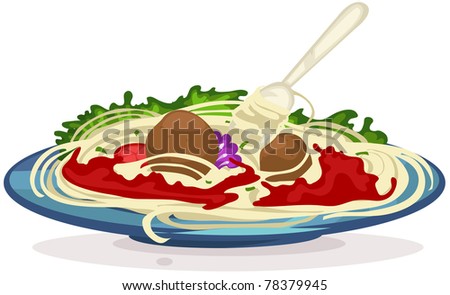 illustration of isolated a plate of spaghetti with fork on white