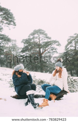 Friends taking photographs in snowy weather