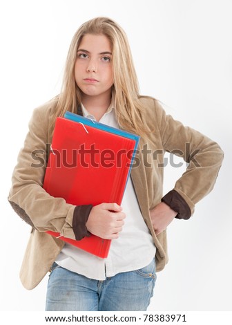Bored female teenager holding a pair of files