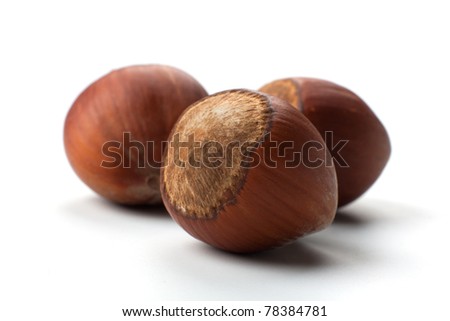 macro picture of three hazelnuts in white background