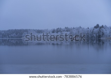 Snowy dusk evening in Katrineholm Sweden Scandinavia. Beautiful cold day with muted blue colors and soft light. Nice nature and landscape photo of winter at christmastime. Calm, peaceful image.