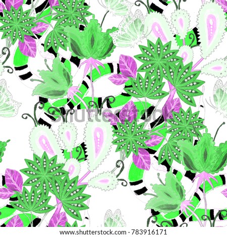 Watercolor seamless pattern with fantasy flowers and butterflies. Floral fashion print.
