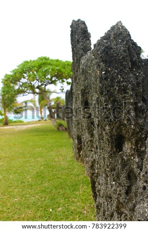 Vertical photo of large stones at archaeological site Marae on Huahine island, French Polynesia