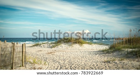 A path through the dunes opens up to the Atlantic Ocean, at Wrightsville Beach, NC. Royalty-Free Stock Photo #783922669