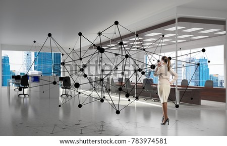 Elegant businesswoman in modern office interior and social connection concept. Mixed media