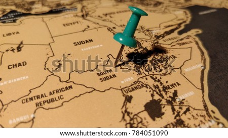 The green pin on the map of South Sudan.