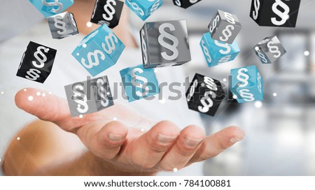 Businessman on blurred background holding and touching 3D rendering law cubes