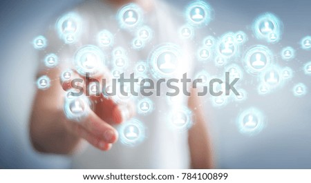 Businessman on blurred background using social network interface 3D rendering