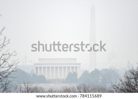 Washington DC in winter - A foggy day in National Mall including Lincoln Memorial, Washington Monument