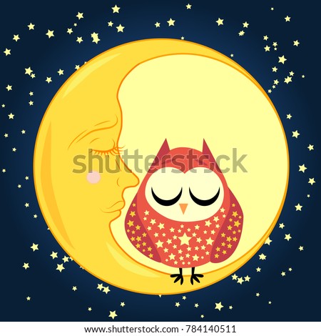 cute cartoon sleeping owl in circles with closed eyes sits on a drowsy crescent among the stars