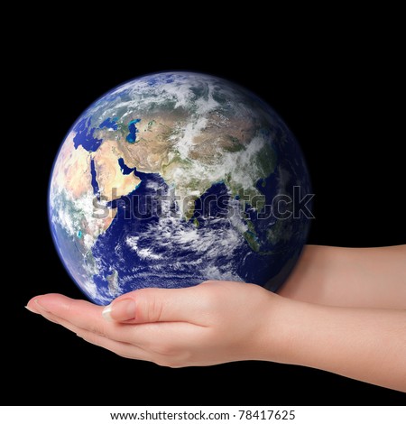 Woman holding in palms earth globe