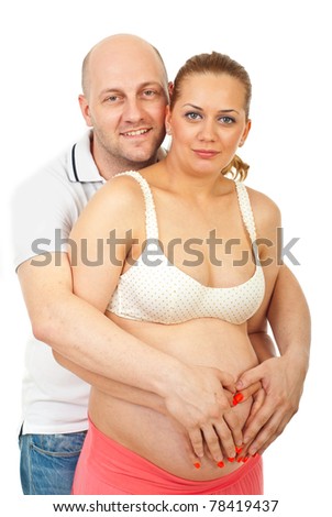 Portrait of happy future parents standing with hands on tummy together isolated on white background