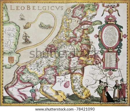Leo Belgicus: Belgium and Netherlands old map in the form of a lion. Created by Pieter van der Kerre after Michael Aitzinger, published in Amsterdam, 1617