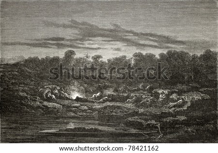 Old illustration of a night encampment at Mapitunuhuari, during Peru exploration. Created by Riou, published on Le Tour du Monde, Paris, 1864