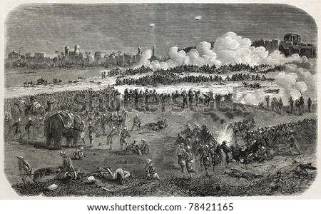 Old illustration of battle between British army and insurgents near Delhi walls during Indian rebellion. Created by Dulong, published on L'Illustration Journal Universel, Paris, 1857