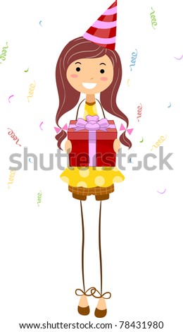 Illustration of a Girl Holding a Birthday Gift