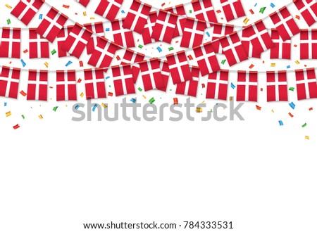 Denmark flags garland white background with confetti, Hang bunting for Danish national Day celebration template banner, Vector illustration Royalty-Free Stock Photo #784333531