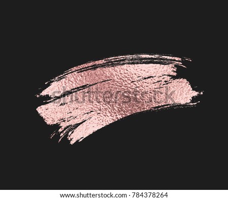 Rose gold foil brush mascara stroke. Pink sparkle glossy metallic grunge or smudge paint texture isolated on black background. Vector gold rose glitter gradient brushstroke pattern for your design.