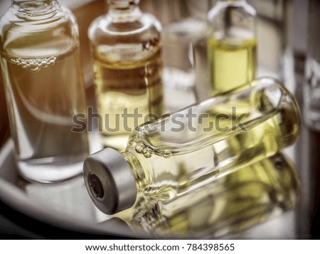 Several ampoules and vials in a tray of a hospital, palliative care, conceptual image