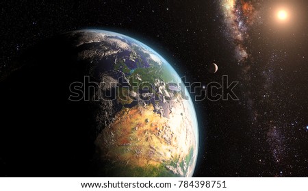 orange Sunrise over earth as seen from space. With moon and stars background. Elements of this image furnished by NASA Royalty-Free Stock Photo #784398751