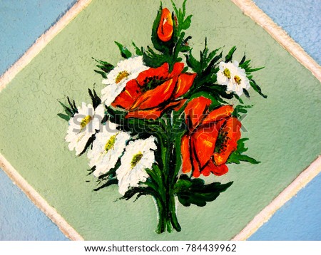  painted picture on the wall, bouquet of wildflowers painted in colors                              