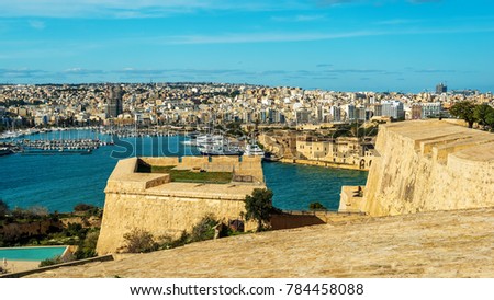 Valletta, Malta: aerial view from city walls in the morning. Marsamxett harbor and Sliema