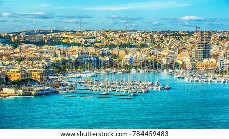 Valletta, Malta: aerial view from city walls, Marsamxett harbor and Sliema