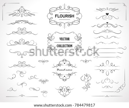 Set of flourish frames, borders, labels. Collection of original design elements. Vector calligraphy swirls, swashes, ornate motifs and scrolls.  Royalty-Free Stock Photo #784479817