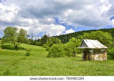 Small, old, stone roadside shrine, Low Beskids, Poland