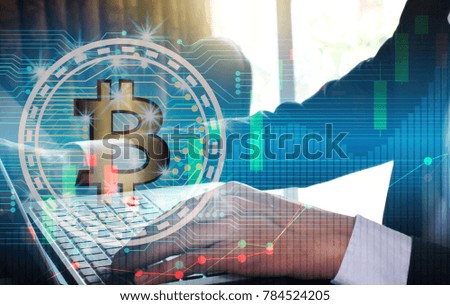Double exposure of businessman using the laptop with bitcoin and blockchain network connection for financial investment concept.