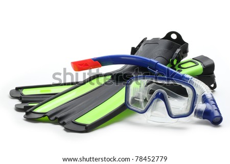 Diving equipment--Blue diving goggles,snorkel and flippers on white background. Royalty-Free Stock Photo #78452779