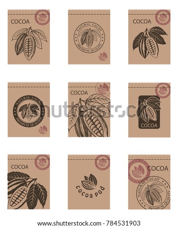 collection of packages with cocoa beans and leaves