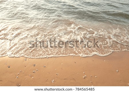 This is a picture of beach wave and sand which has a little shells.