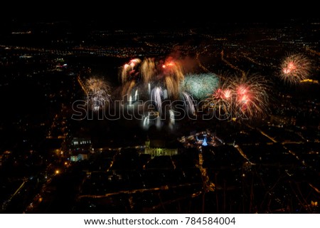 beautyful fireworks over the city of brasov romania, fireworks seen from montain tampa. Amazing cityscpae panorama