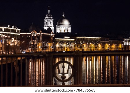 The Church of St. Catherine the Great Martyr at night from the Stock Exchange Bridge