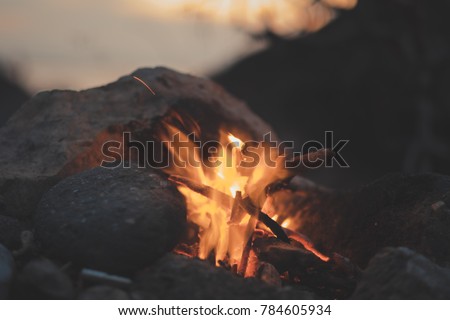 Inviting campfire on the beach during the summer. before night