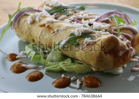 Delicious chicken burrito with salad, cheese, mayonnaise and ketchup on a white plate.