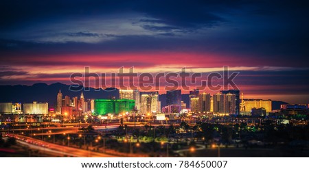City of Las Vegas Skyline at Scenic Dusk. Colorful Lights of the World Famous Sin City. Nevada, United States.