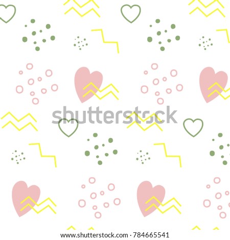 St Valentines's day pattern with pink heart, yellow corner, pink circle, green drops 