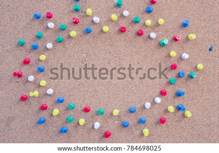Colored Pins on the Cork Board arranged around the Corner like Circle with Copy Space in the Middle for adding Goal Text and Photo, Top View Flat Design
