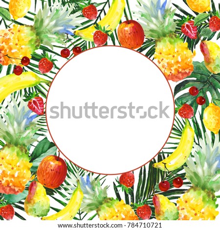 Exotic composition healthy food frame in a watercolor style. Full name of the fruit:apple, pear, cherry, lemon, pineapple. Aquarelle wild fruit for background, texture, wrapper pattern or menu.