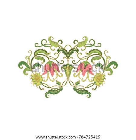 Floral composition on white background with pink campanula, art deco style