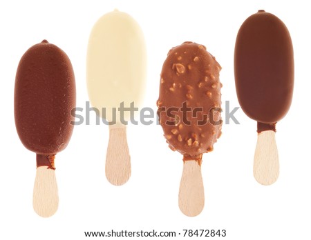 4 delicious chocolate ice creams (milk, white, almond, black) isolated on white background Royalty-Free Stock Photo #78472843